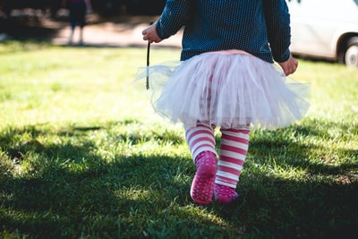 一个蹒跚学步的女孩，穿着青色和白色圆点长袖衬衫和白色短裙，白天在绿色草皮上散步